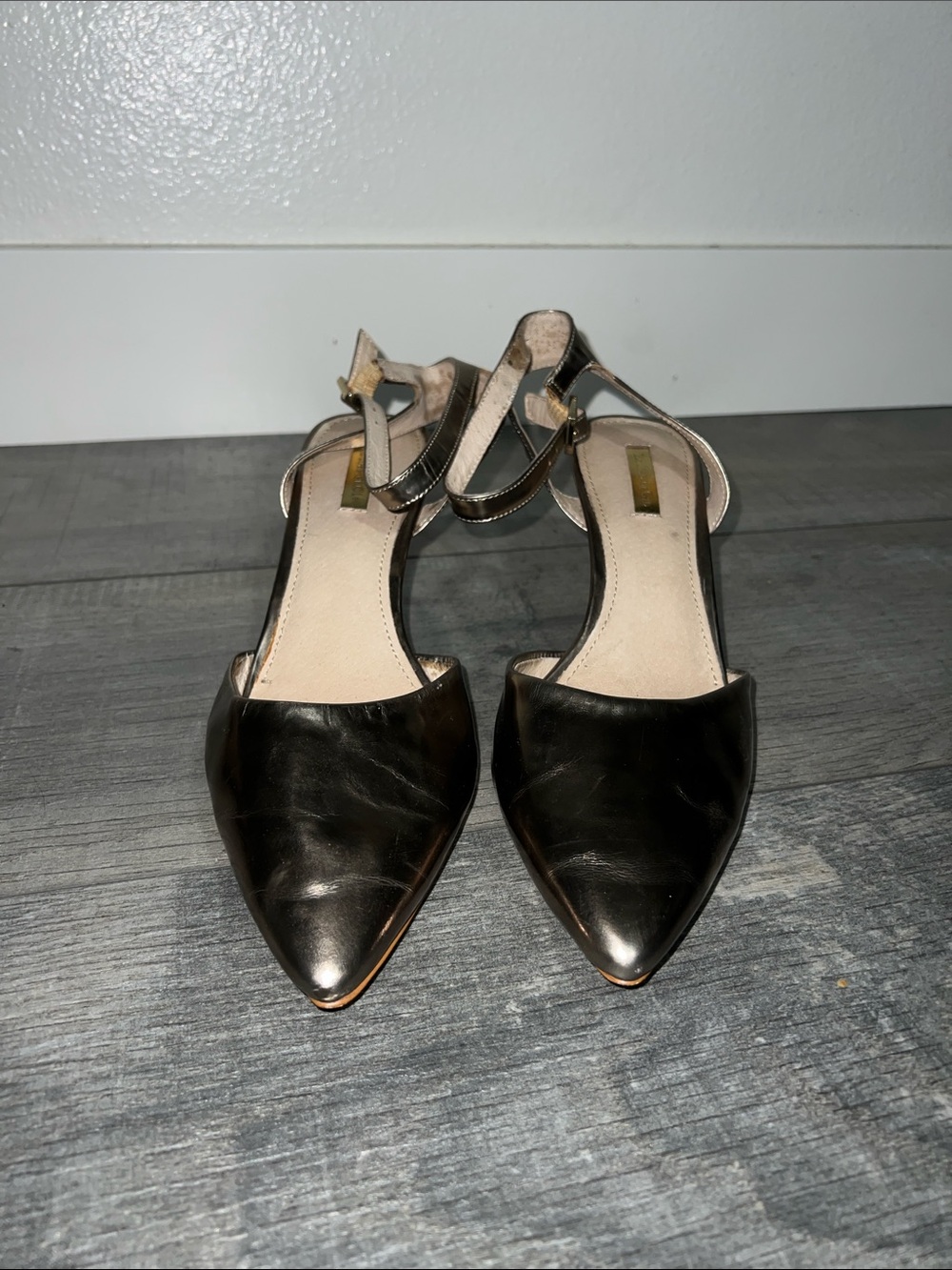 Louise et Cie Gold Pointed Toe Ankle Strap Mules